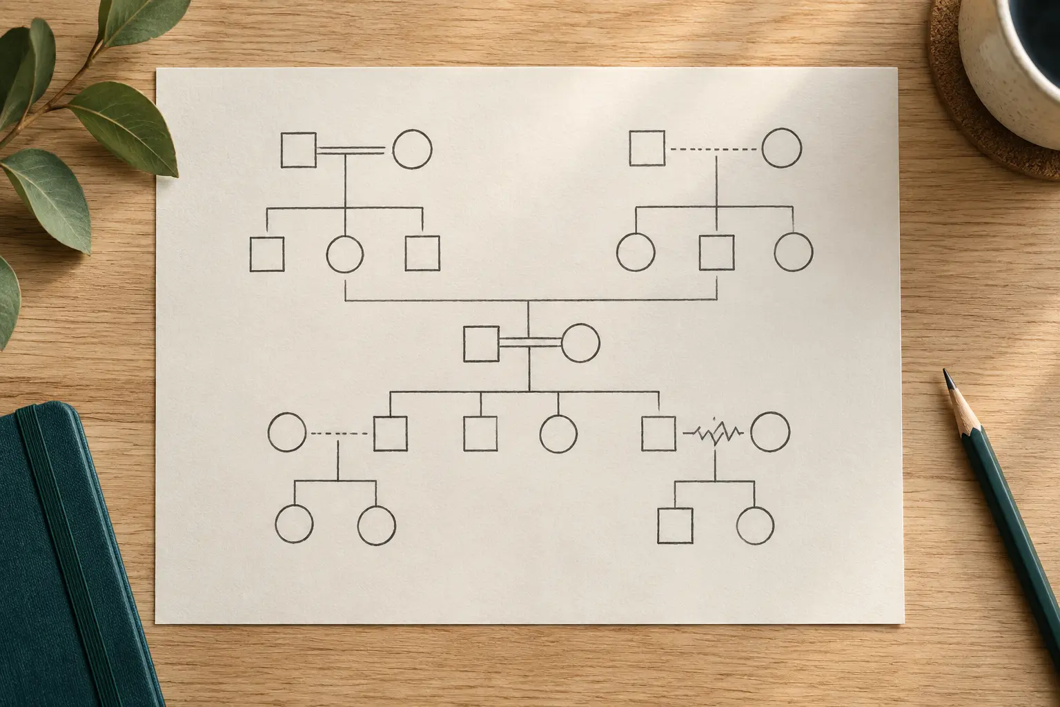 Kézzel rajzolt genogram családi kapcsolatokkal